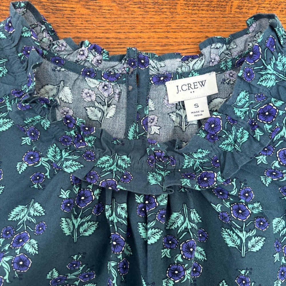 J. Crew Long-Sleeve Ruffleneck Poplin Blouse Teal & Purple Floral Print W Small - Picture 5 of 10